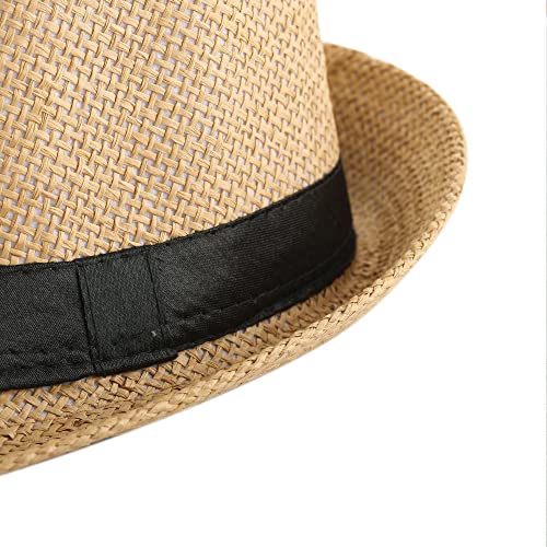 FALETO Unisex Summer Panama Straw Fedora Hat Short Brim Beach Sun Cap Classic (#01 Khaki) - Image 5