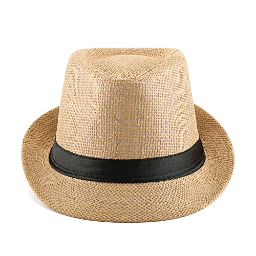 FALETO Unisex Summer Panama Straw Fedora Hat Short Brim Beach Sun Cap Classic (#01 Khaki) - Image 3