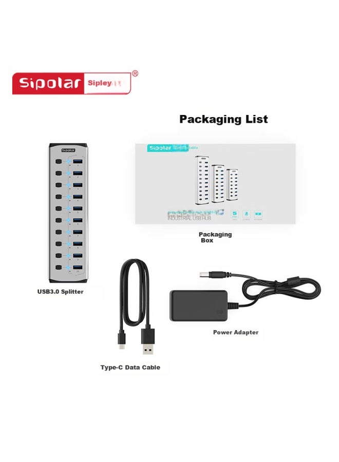 Sipolar Usb 3.0 Hub 10 Port High Speed Expansion Dock Hub Splitter Extension Cable Desktop Laptop Multi-interface Converter Expansion Dock Fs-803 - Image 3