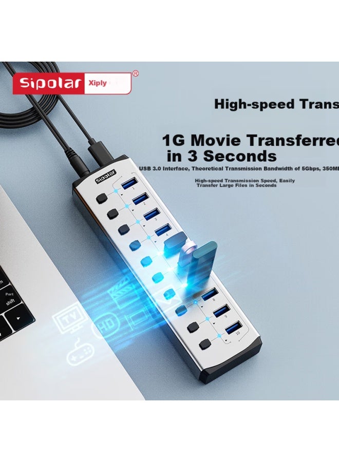 Sipolar Usb 3.0 Hub 10 Port High Speed Expansion Dock Hub Splitter Extension Cable Desktop Laptop Multi-interface Converter Expansion Dock Fs-803 - Image 2