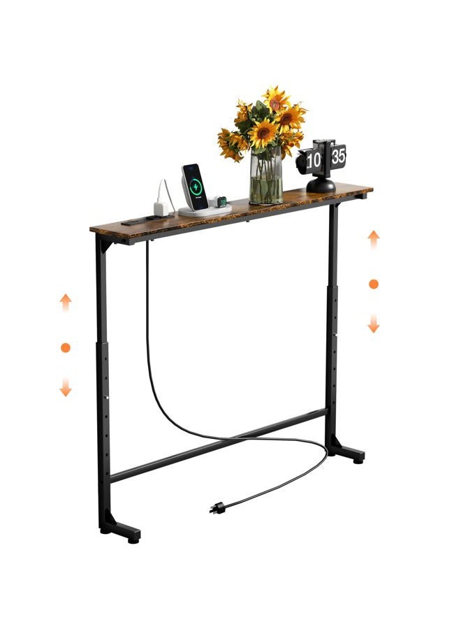 GRLEAF 39" Adjustable Height Narrow Console Table with Power Outlets, Long Sofa Table with Charging Station Behind Couch Table Skinny Entryway Table for Living Room, Hallway and Office – Rustic Brown - Image 1