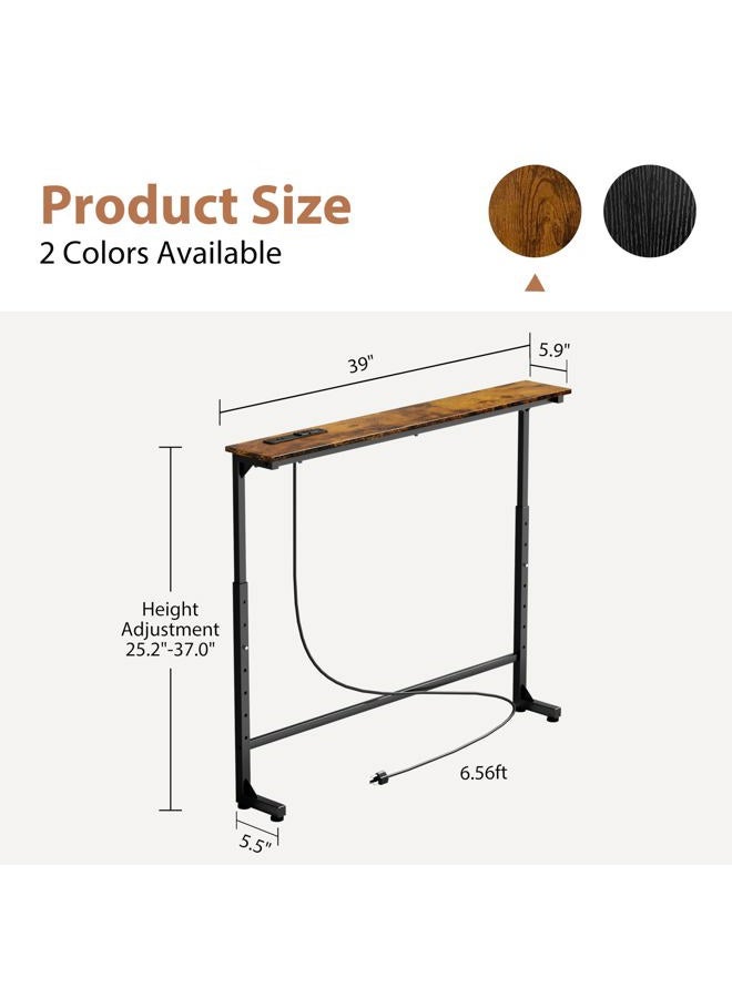 GRLEAF 39" Adjustable Height Narrow Console Table with Power Outlets, Long Sofa Table with Charging Station Behind Couch Table Skinny Entryway Table for Living Room, Hallway and Office – Rustic Brown - Image 3