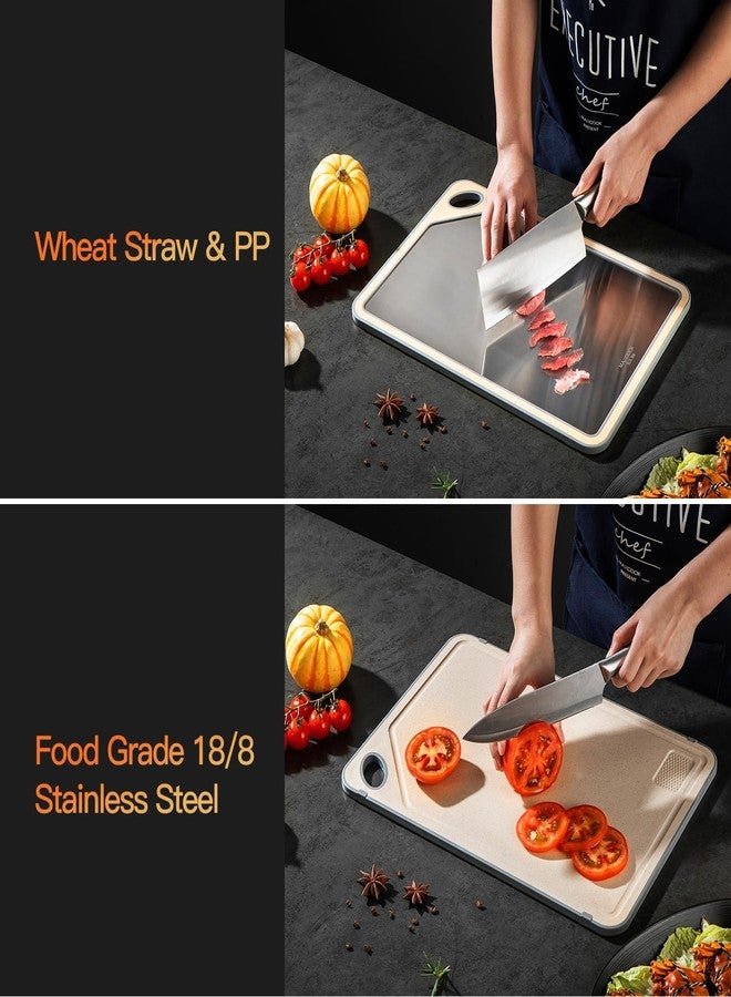 MAX COOK MAXCOOK 18/8 Stainless Steel Cutting Board, Double-Sided Wheat Straw Chopping Board for Kitchen,Non Toxic Chopping Cutting Boards 14.1 X 10 Inch - Image 2