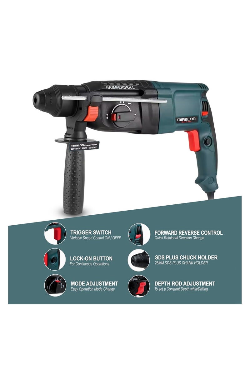 MIRALON Rotary Hammer Drill 800W, 26mm SDS Plus, 3 Modes (Drill/Hammer/Hammer Drill), 220–240V, Variable Speed, Forward/Reverse, Depth Rod & Carry Case - Image 4