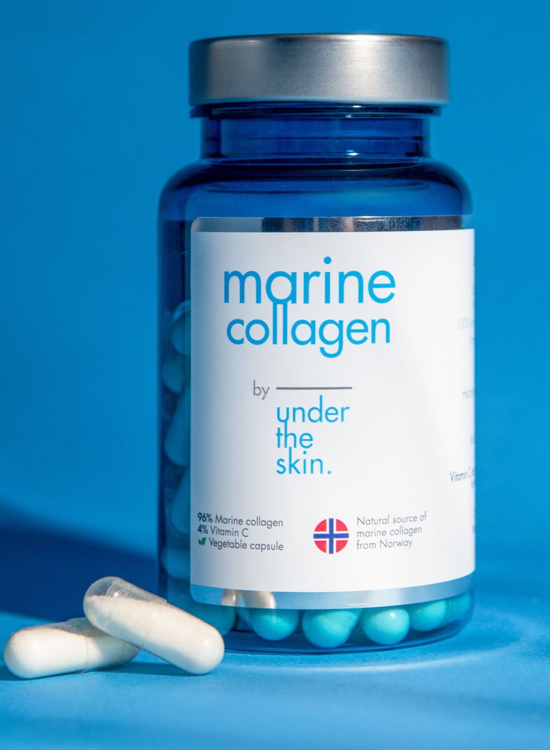 Under the skin  Norwegian marine Collagen 100% Hydrolysed 60 Capsules Vitamin C Healthy Skin Shiny and Thick Hair Strong Nails Daily Dose of 2 Capsules