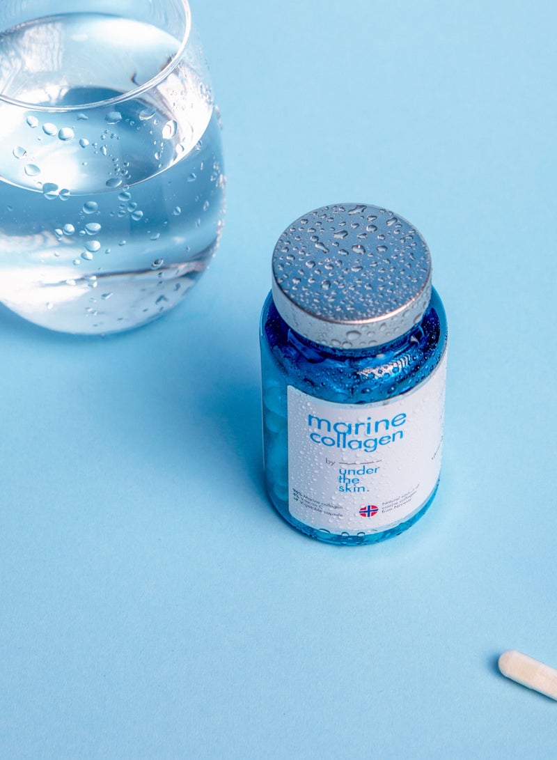 Under the skin  Norwegian marine Collagen 100% Hydrolysed 60 Capsules Vitamin C Healthy Skin Shiny and Thick Hair Strong Nails Daily Dose of 2 Capsules