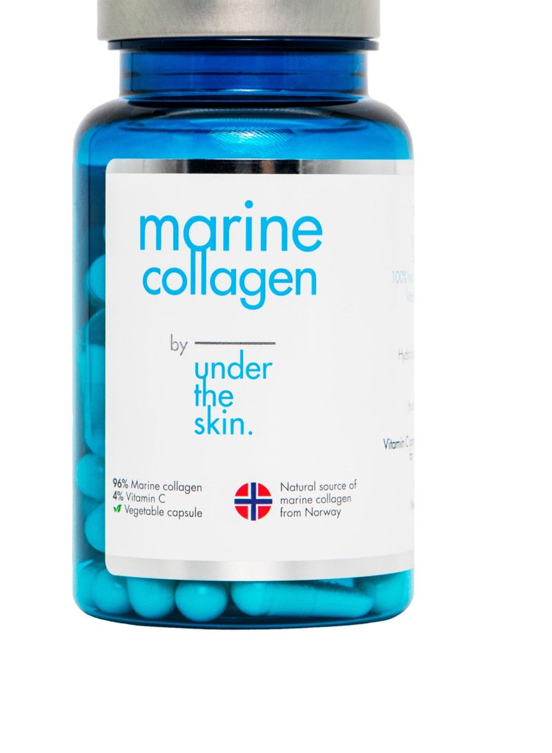 Under the skin  Norwegian marine Collagen 100% Hydrolysed 60 Capsules Vitamin C Healthy Skin Shiny and Thick Hair Strong Nails Daily Dose of 2 Capsules