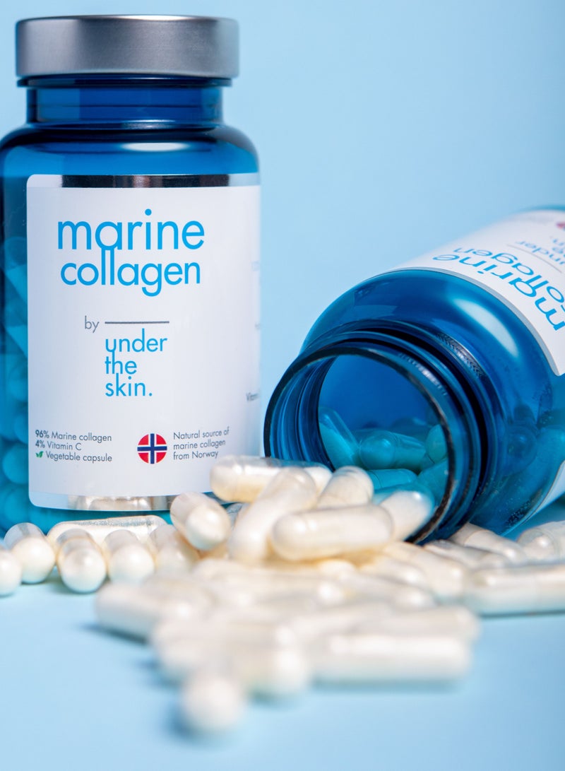 Under the skin  Norwegian marine Collagen 100% Hydrolysed 60 Capsules Vitamin C Healthy Skin Shiny and Thick Hair Strong Nails Daily Dose of 2 Capsules
