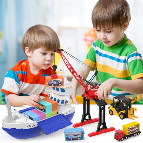 CUTE STONE 2in1 Toy Boat  Tower Crane Playset Cargo Ship with LightsSounds  PushGo Transport Ship  Construction Vehicle Toys Interactive Carrier Boat for Kids Boys Girls - Image 5