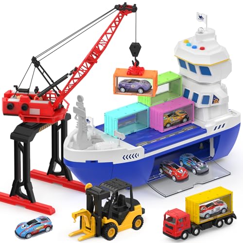 CUTE STONE 2in1 Toy Boat  Tower Crane Playset Cargo Ship with LightsSounds  PushGo Transport Ship  Construction Vehicle Toys Interactive Carrier Boat for Kids Boys Girls - Image 1