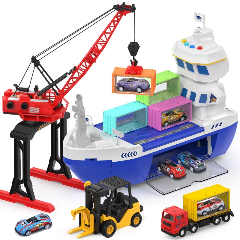 CUTE STONE 2in1 Toy Boat  Tower Crane Playset Cargo Ship with LightsSounds  PushGo Transport Ship  Construction Vehicle Toys Interactive Carrier Boat for Kids Boys Girls - Image 3
