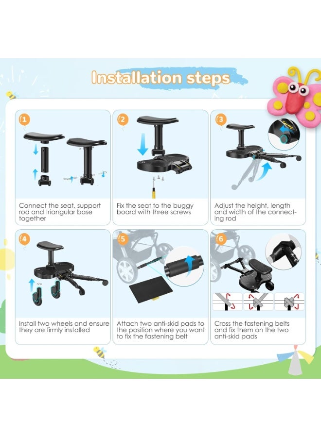 NANAO لوحة بوجي، لوحة بوجي عالمية مع مقعد للأطفال، لوحة أطفال، ملحق عربة الأطفال من 2-6 سنوات (25 كجم)، تناسب أكثر من 99% من عربات الأطفال، عجلات سوداء - Image 4