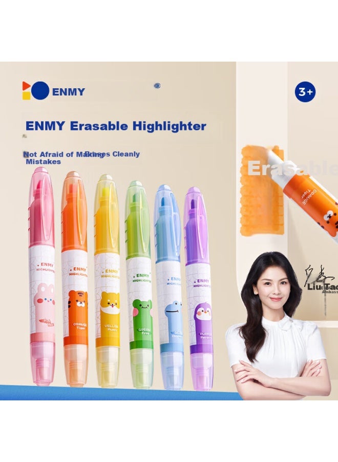 Enmienmy Double-ended Erasable Highlighter, Fluorescent Color, 6 Pens/box, Student Review And Memorization Pen, Water-based Marker, Highlighting Pen, Multi-color Pen, Back-to Essential Supplies - Image 1