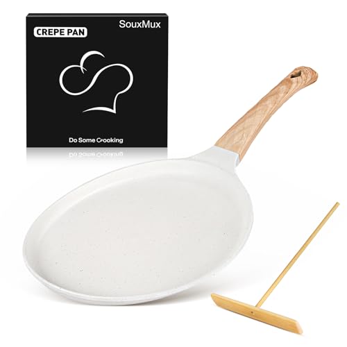 SouxMux Nonstick 9.7-Inch Crepe Pan with Spreader, Ceramic Coated Dosa Tawa Pan, Induction Compatible Flat Skillet for Pancakes, Omelettes, and More with Cool Handle, PFOA Free - Image 1