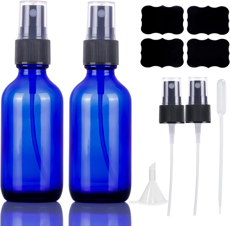 2oz Blue Glass Spray Bottles,Empty Small Perfume Travel Refillable Reusable Fine Mister Spray Bottle for Hair,Cleaning Solutions,Aromatherapy and Essential Oil with Extra Nozzle(2 Pack)