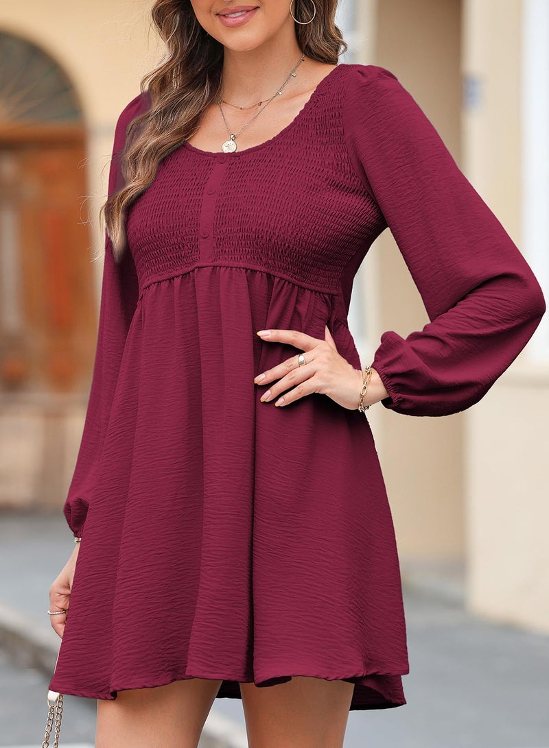 Dokotoo Womens Long Sleeve Dresses 2026 Spring Casual Crewneck Button Empire Waist A-line Flowy Smocked Mini Wedding Guest Dress Rose Red Dress Dress X-Large - Image 4