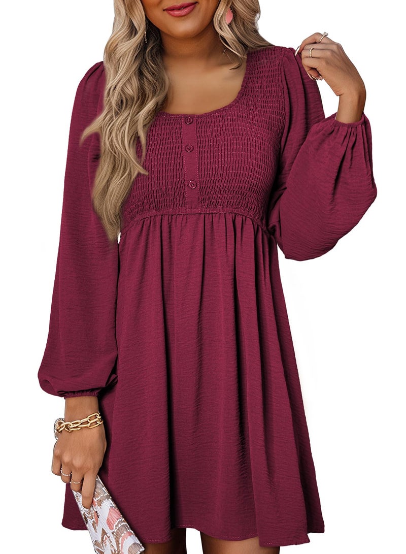 Dokotoo Womens Long Sleeve Dresses 2026 Spring Casual Crewneck Button Empire Waist A-line Flowy Smocked Mini Wedding Guest Dress Rose Red Dress Dress X-Large - Image 1