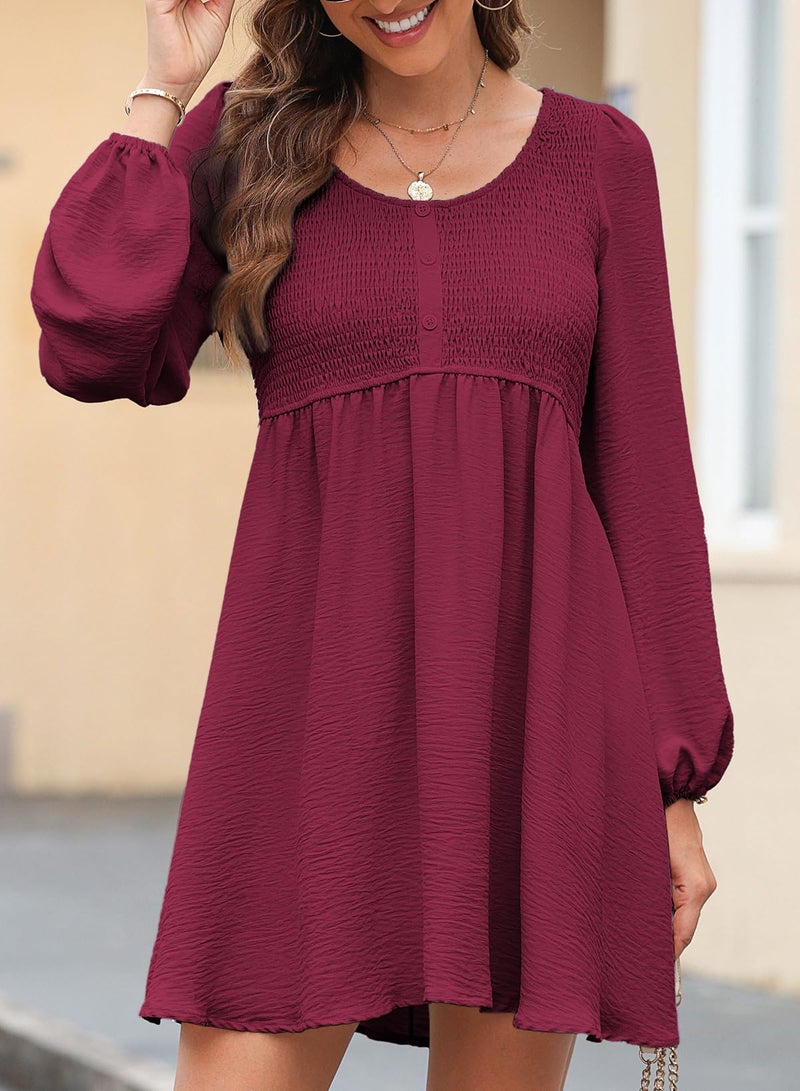 Dokotoo Womens Long Sleeve Dresses 2026 Spring Casual Crewneck Button Empire Waist A-line Flowy Smocked Mini Wedding Guest Dress Rose Red Dress Dress X-Large - Image 3