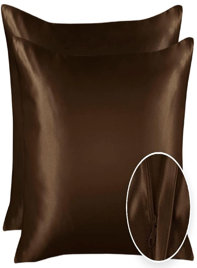 SHOPBEDDING ShopBedding Luxury Satin Pillowcase for Hair - Standard Satin Pillowcase with Zipper, Brown (Pillowcase Set of 2) - Blissford 