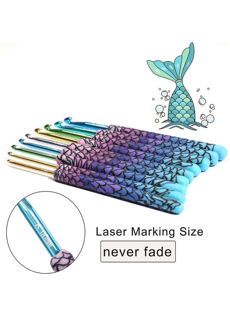 KASTWAVE طقم سنارات كروشيه، 9 قطع مقبض حياكة كروشيه سحر ميرميد سنارة كروشيه 2.0-6.0 مم طقم كروشيه للمبتدئين، مستلزمات حياكة كروشيه الفاخرة - Image 3