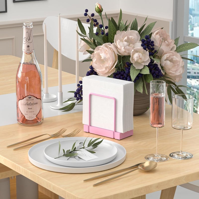 Wican Napkin Holder for Table, Pink Kitchen Accessories Appliances for Table Farmhouse Cocktail Picnic Rustic Bamboo Iron Wood Holders for All Dining Room Decor Pink - Image 2