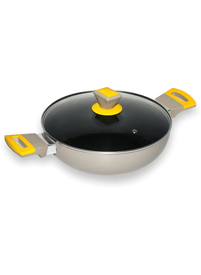 CLASSYTOUCH مقلاة ووك غير لاصقة/ كادهاي مع غطاء زجاجي ومقابض مزدوجة للقلي السريع، والطهي بالبخار، والقلي العميق، والغليان، والتحمير، وصنع الحساء كادهاي قطر 24 سم مع غطاء سعة 2 لتر (ألومنيوم، غير لاصق)