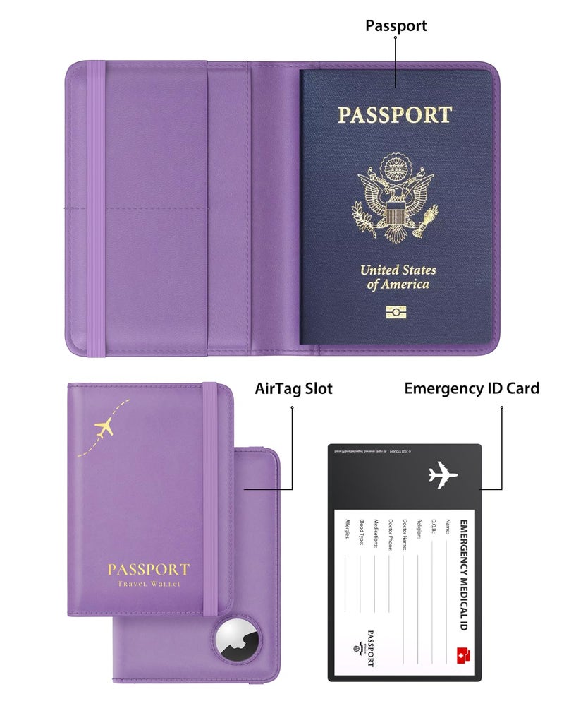 Stouchi AirTag Passport Holder, Anti-Lost Passport Holder with Airtag Slot, Passport Wallet Cover with RFID Blocking, Leather Passport Case Travel Accessories for Women, Purple - Image 2