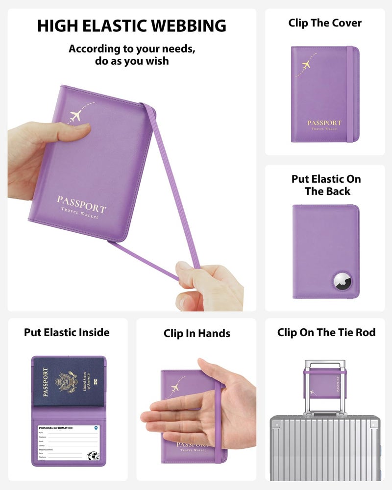 Stouchi AirTag Passport Holder, Anti-Lost Passport Holder with Airtag Slot, Passport Wallet Cover with RFID Blocking, Leather Passport Case Travel Accessories for Women, Purple - Image 4