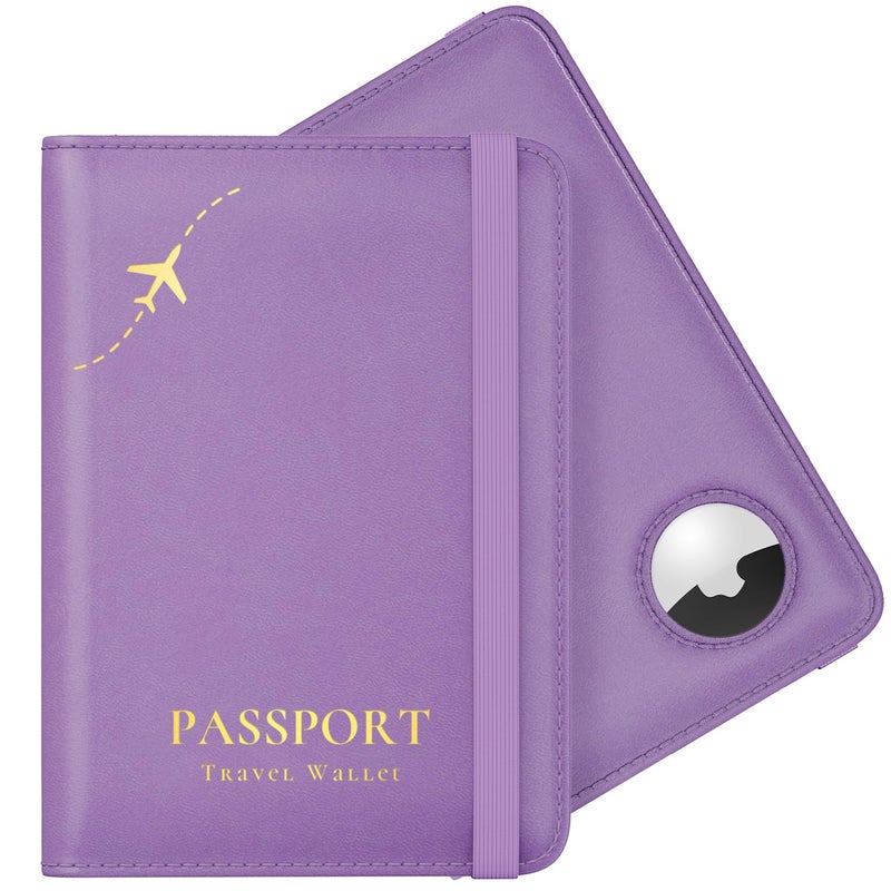 Stouchi AirTag Passport Holder, Anti-Lost Passport Holder with Airtag Slot, Passport Wallet Cover with RFID Blocking, Leather Passport Case Travel Accessories for Women, Purple - Image 1