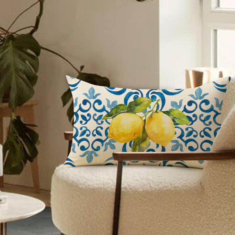 Fjfz Blue Lemon Lumbar Decorative Throw Pillow Cover 12 x 20, Rectangular Amalfi Coast Citrus Italy Tile Pattern Outdoor Home Decor, Summer Mediterranean Couch Cushion Case Housewarming Gift - Image 5