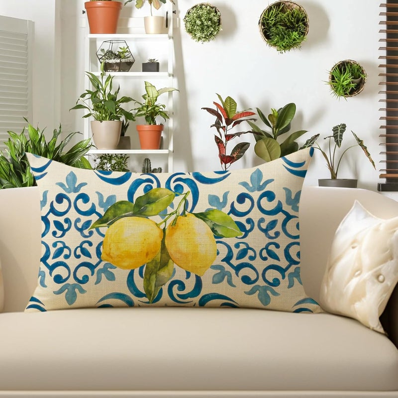 Fjfz Blue Lemon Lumbar Decorative Throw Pillow Cover 12 x 20, Rectangular Amalfi Coast Citrus Italy Tile Pattern Outdoor Home Decor, Summer Mediterranean Couch Cushion Case Housewarming Gift - Image 4