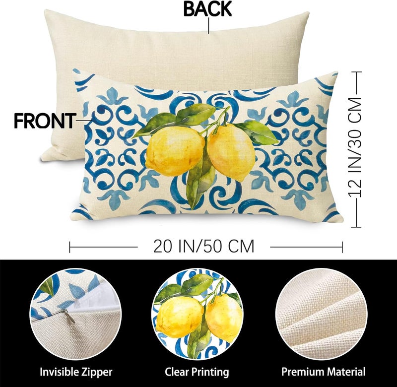 Fjfz Blue Lemon Lumbar Decorative Throw Pillow Cover 12 x 20, Rectangular Amalfi Coast Citrus Italy Tile Pattern Outdoor Home Decor, Summer Mediterranean Couch Cushion Case Housewarming Gift - Image 3