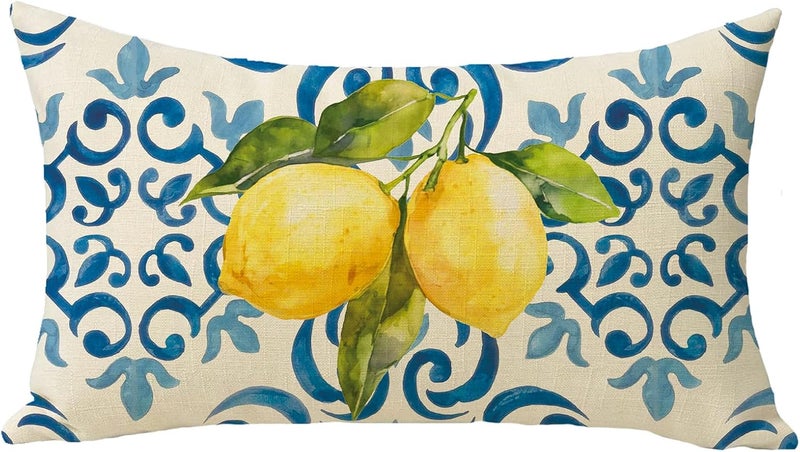 Fjfz Blue Lemon Lumbar Decorative Throw Pillow Cover 12 x 20, Rectangular Amalfi Coast Citrus Italy Tile Pattern Outdoor Home Decor, Summer Mediterranean Couch Cushion Case Housewarming Gift - Image 1