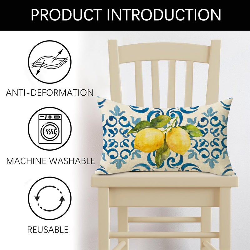 Fjfz Blue Lemon Lumbar Decorative Throw Pillow Cover 12 x 20, Rectangular Amalfi Coast Citrus Italy Tile Pattern Outdoor Home Decor, Summer Mediterranean Couch Cushion Case Housewarming Gift - Image 2