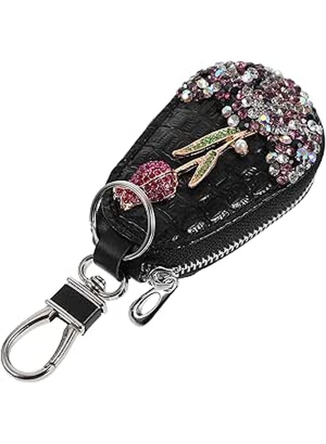 Rhinestone Rose Flower PU Leather Car Key Cover Protector Against Scratches - Image 1