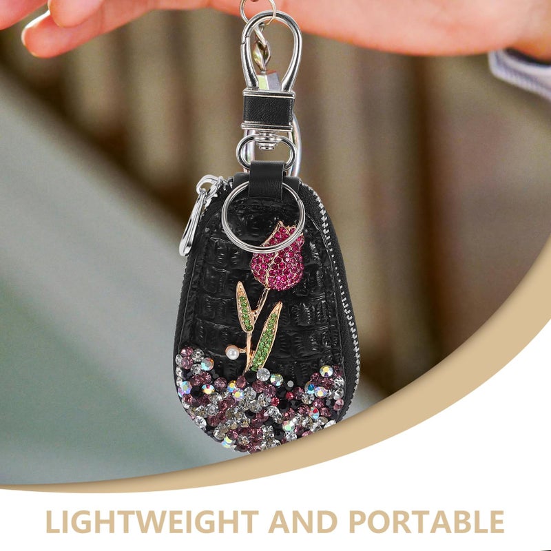 Rhinestone Rose Flower PU Leather Car Key Cover Protector Against Scratches - Image 4