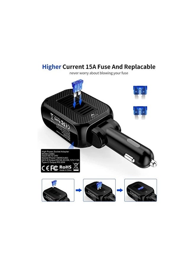 Car Charger 180W Cigarette Lighter Splitter with 20W PD 2 Socket Cigarette Lighter Adapter Fast USB C Car Charger with Type C 20W PD QC3 for Dash Cam - Image 4