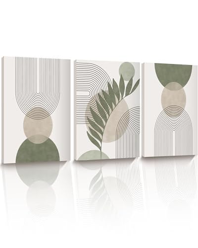 HesenDot 30x40CM Sage Green Boho Wall ArtFramed Canvas Bathroom Wall Art Pictures MidCentury Modern Wood Framed Abstract Prints for BedroomMinimalist Office Wall Decor 3Pack - Image 1