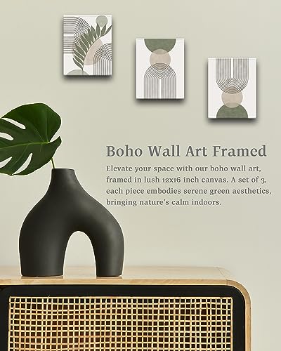 HesenDot 30x40CM Sage Green Boho Wall ArtFramed Canvas Bathroom Wall Art Pictures MidCentury Modern Wood Framed Abstract Prints for BedroomMinimalist Office Wall Decor 3Pack - Image 3