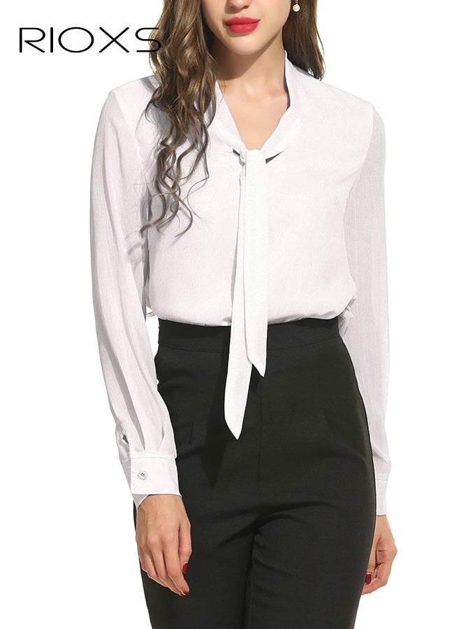 ريوكس بلوزة شيفون بيضاء نسائية، قميص أنيق ذو ربطة عنق طويلة، قميص درسي للعمل في المكتب والملابس غير الرسمية، بلوزة خفيفة الوزن شفافة رسمية، قميص درسي قابل للتنفس للنساء - Image 1