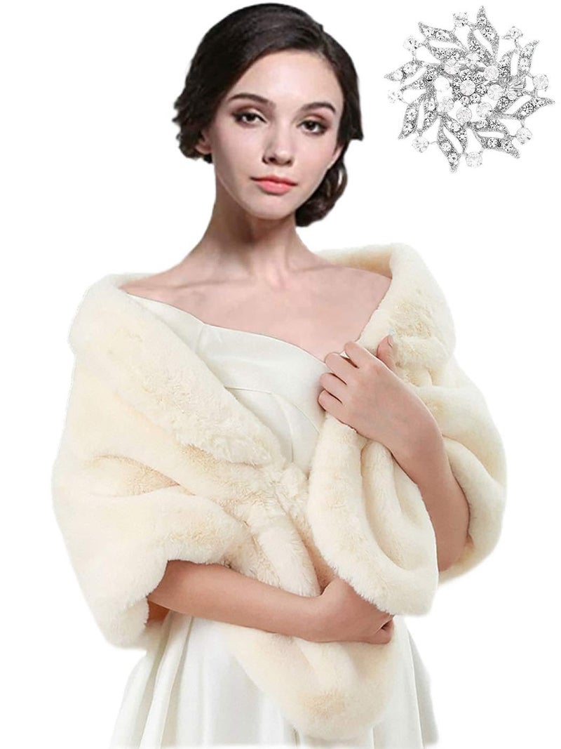 EASEDAILY Women's Fur Shawls and Wraps Wedding Fur Scarf Faux Bridal Stole with Brooch for Brides and Bridesmaids (A white) (B-beige, US 4-14 (S-M)) - Image 1