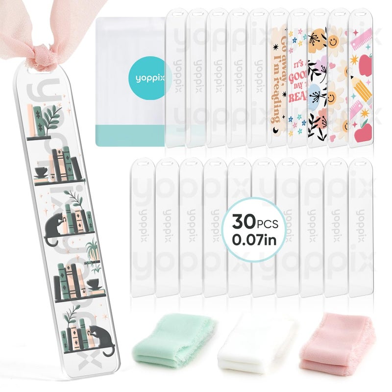 YOPPIX 30 Pieces Acrylic Bookmark Blanks- 2mm Thicken Clear Acrylic Bookmarks with 30 Pcs Ribbon for Reading Lovers DIY Crafts Presents, Graduation Back to School Presents - Image 1