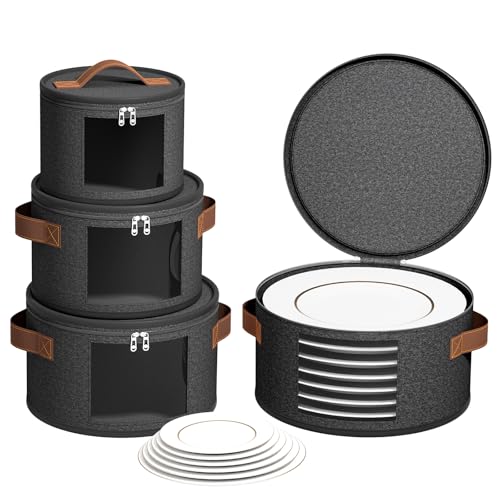 Foyego 4 Piece China Storage Containers, Dish Storage Containers with Clear Windows, Hard Shell Plate Organizer with Handles, Stackable Moving Boxes for Dishes, Glassware, Dinnerware, Plates, Dark Gray - Image 1