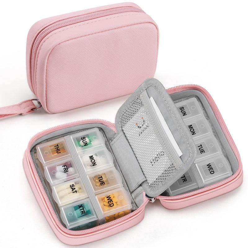Zannaki Cute Pill Organizer for Purse with Two Removable 7-Day Pill Box, Travel PU Leather Pill Case, Portable Weekly Pill Container with Storage Bag to Hold Vitamins, Fish Oils, Supplements (Pink) - Image 1