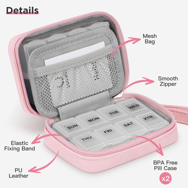 Zannaki Cute Pill Organizer for Purse with Two Removable 7-Day Pill Box, Travel PU Leather Pill Case, Portable Weekly Pill Container with Storage Bag to Hold Vitamins, Fish Oils, Supplements (Pink) - Image 5