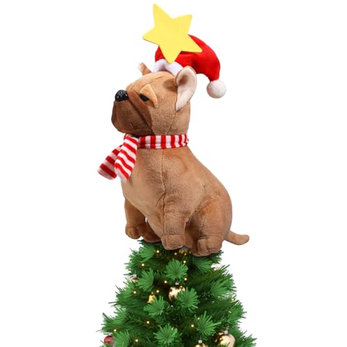 Shappy Dog Christmas Tree Topper Plush Decoration With Santa Hat and Star Stuffed Ornament for Home Winter Holiday Xmas Party Decor - Image 1