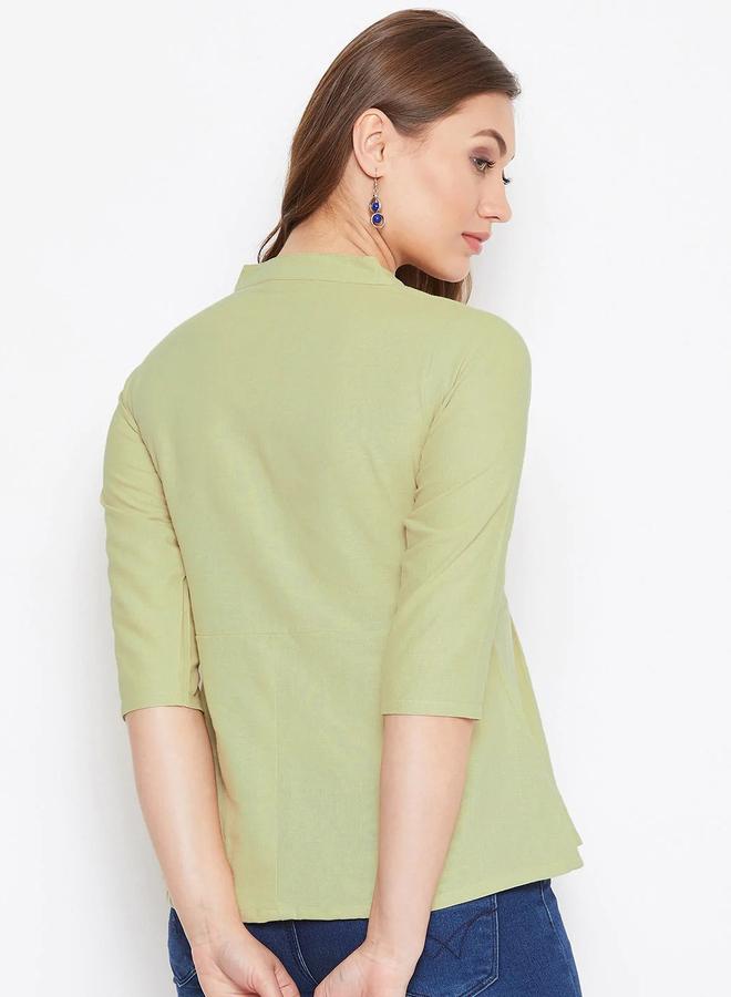 WineRed Women Embroidered Green Cotton Linen Blend Top - Image 5