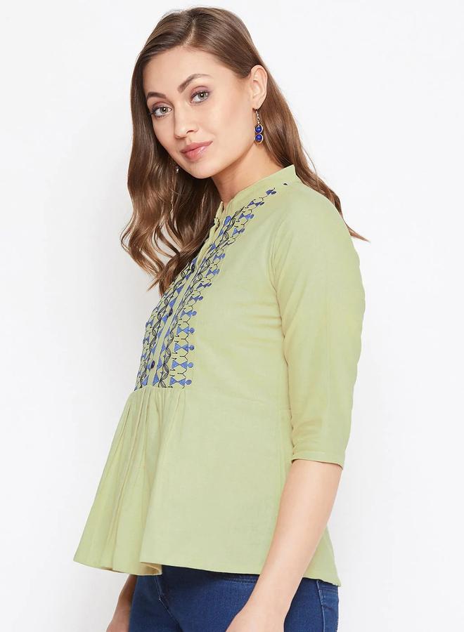 WineRed Women Embroidered Green Cotton Linen Blend Top - Image 3