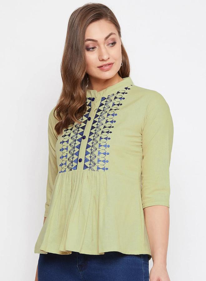 WineRed Women Embroidered Green Cotton Linen Blend Top - Image 4