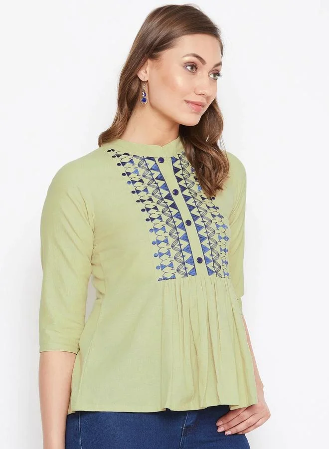 Winered Women Embroidered Green Cotton Linen Blend Top